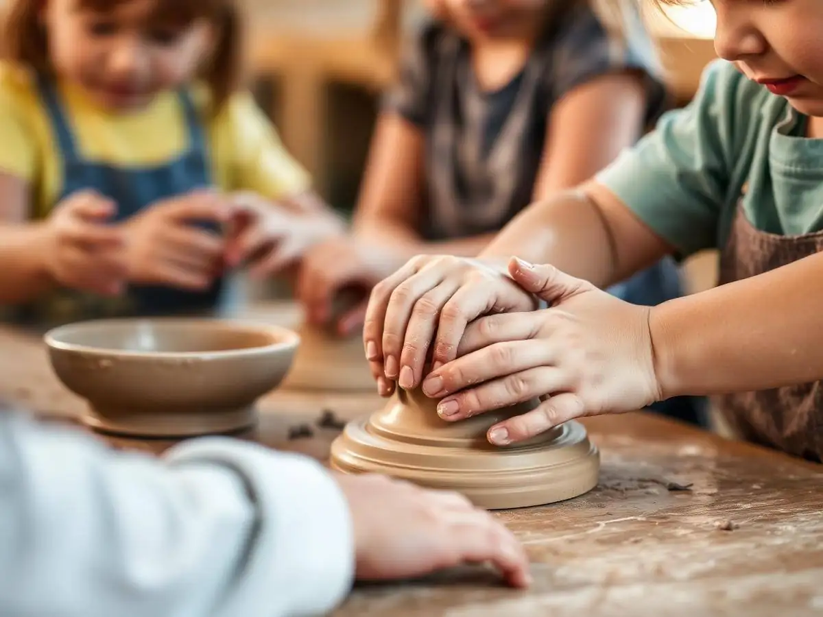 Children shaping clay on pottery wheels